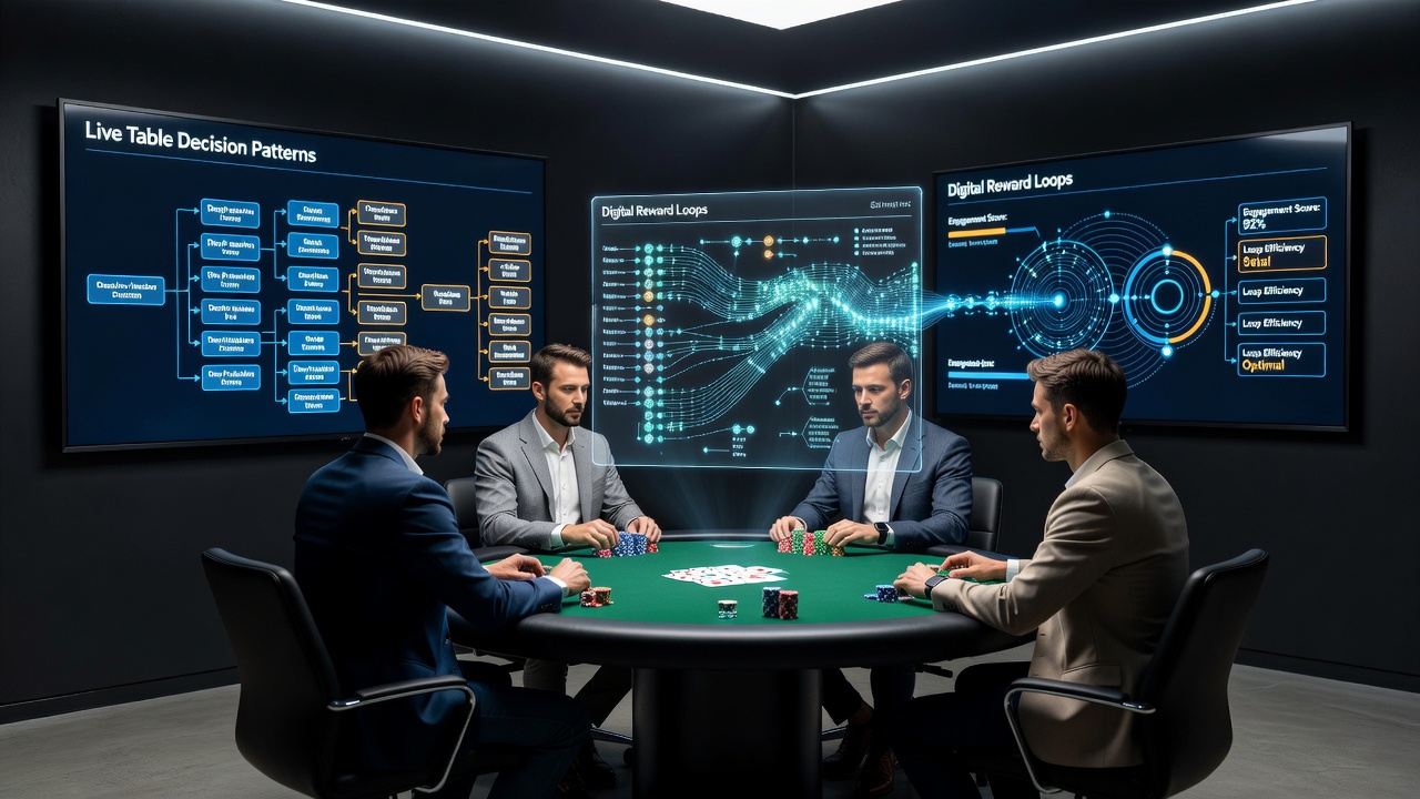 Poker players analyzing digital rewards alongside live table decisions in a casino setting