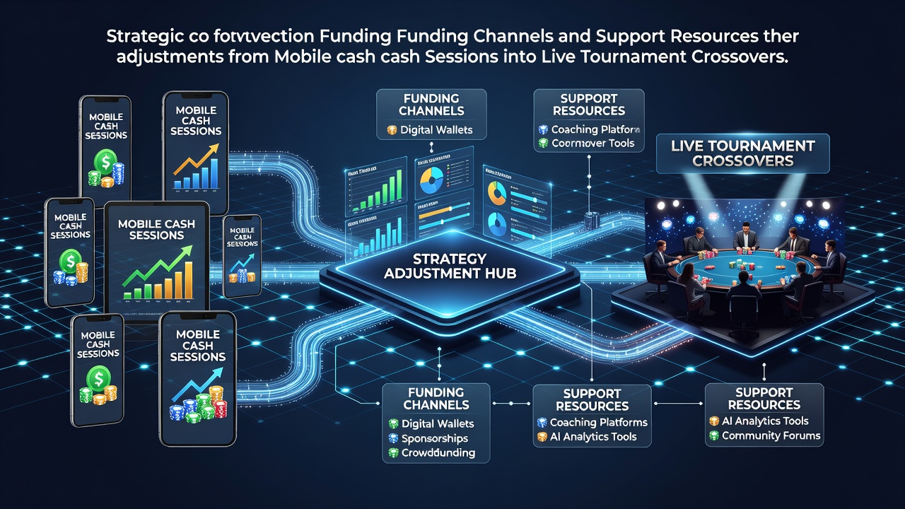 Illustration showing mobile poker funding interfaces connected to live tournament entry points through support channels