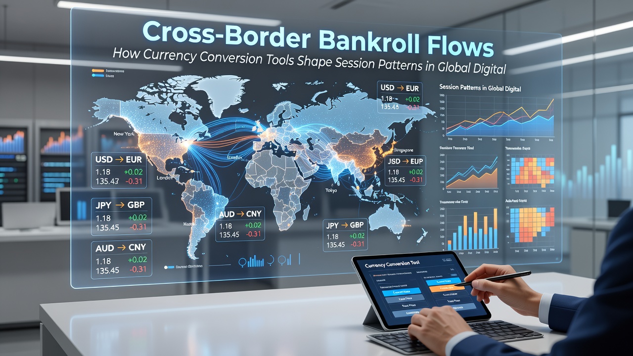 Analytics dashboard displaying cross-border poker bankroll flows and currency conversion impact on player sessions