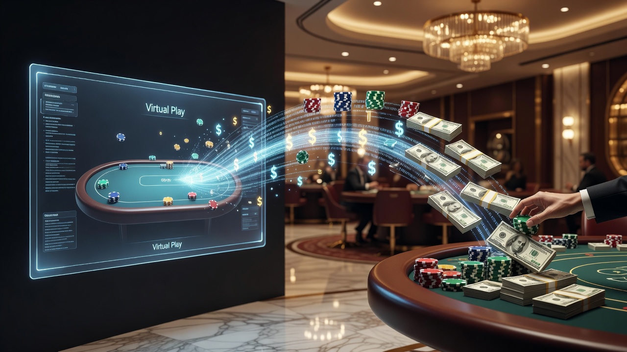 Poker players transitioning between online platforms and live casino tables with currency symbols overlay