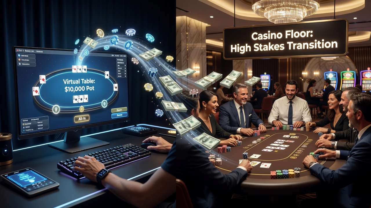 Casino floor poker tables alongside digital payment interface elements showing currency flow