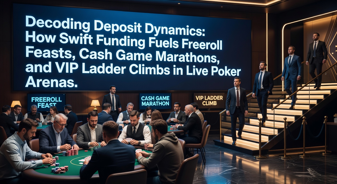 Players huddled around a vibrant live poker table, smartphones in hand displaying instant deposit confirmations amid stacks of chips and glowing screens