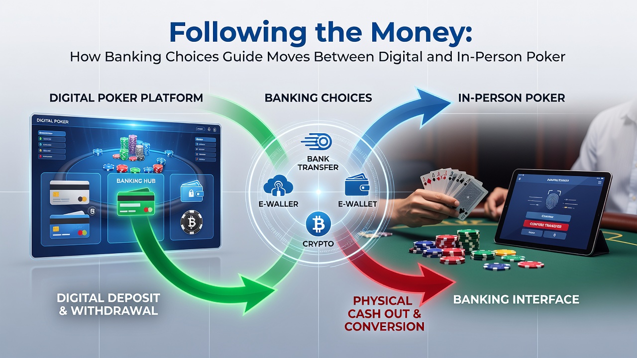 Payment flows connecting digital poker accounts with live casino cages