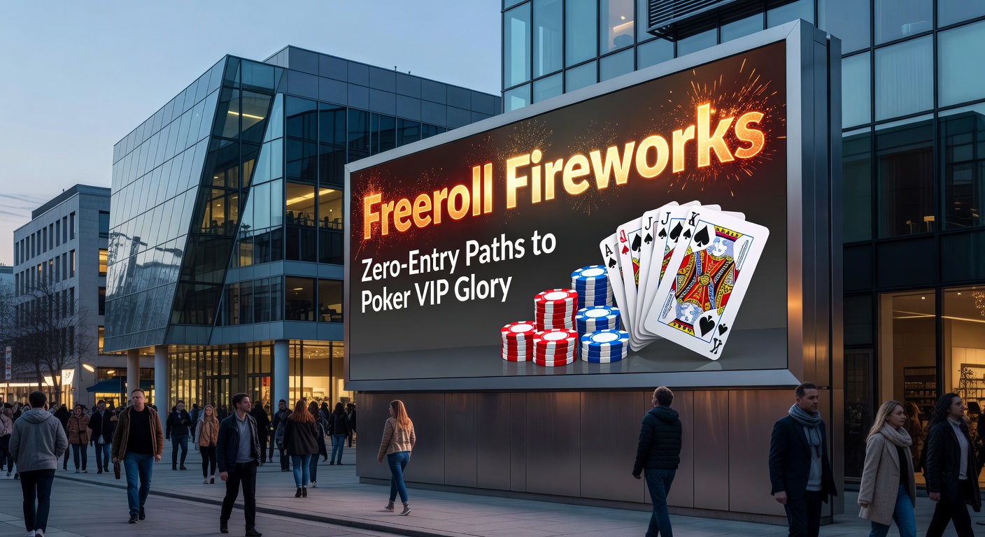 Vibrant scene of online poker players at a freeroll tournament, chips flying and screens glowing with excitement as they chase VIP status