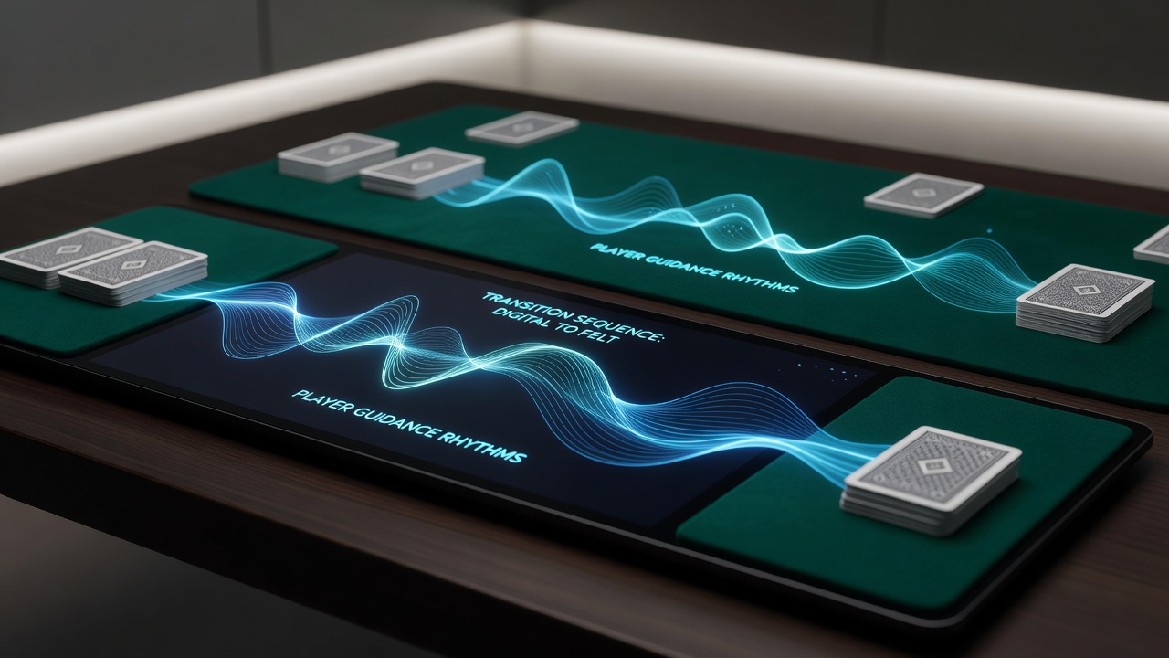 Close-up view of poker felt surface alongside tablet interface during hybrid play sessions