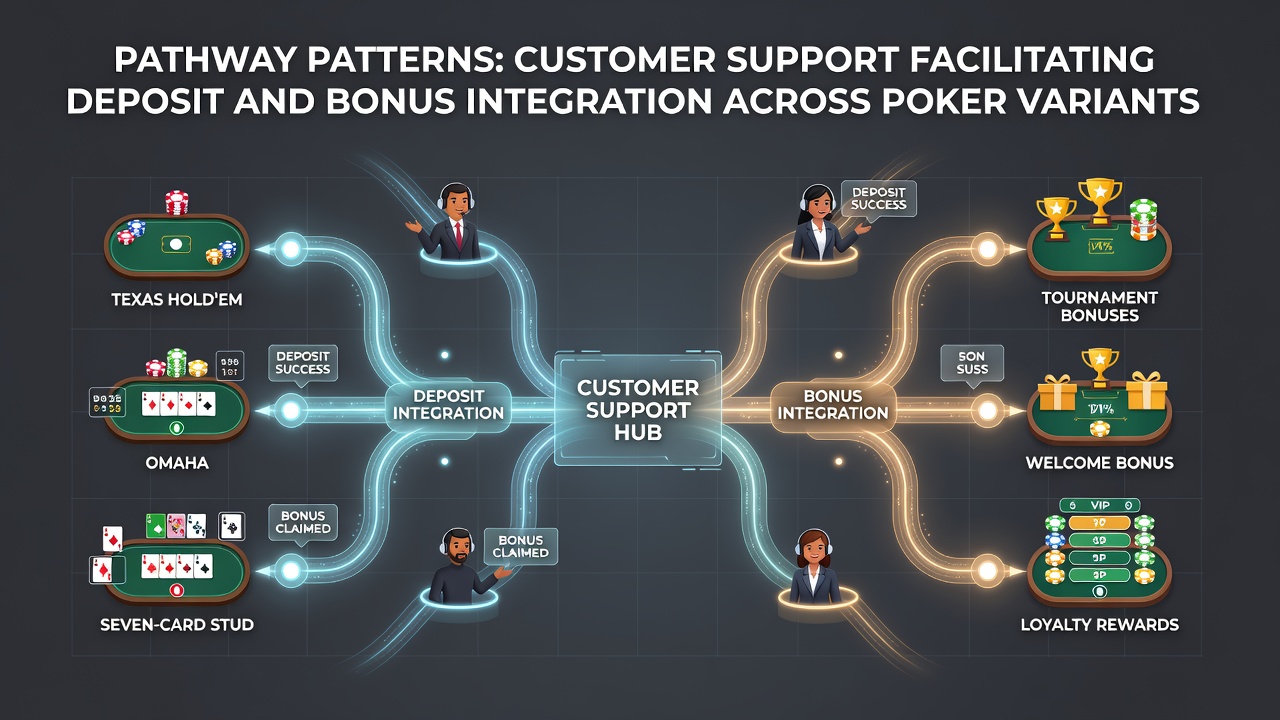Customer support agents assisting poker players with deposit and bonus integration across game variants