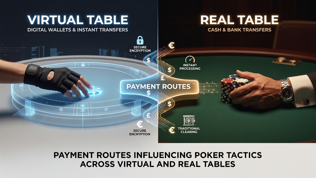 Payment processing screens and poker tables side by side showing digital and physical environments
