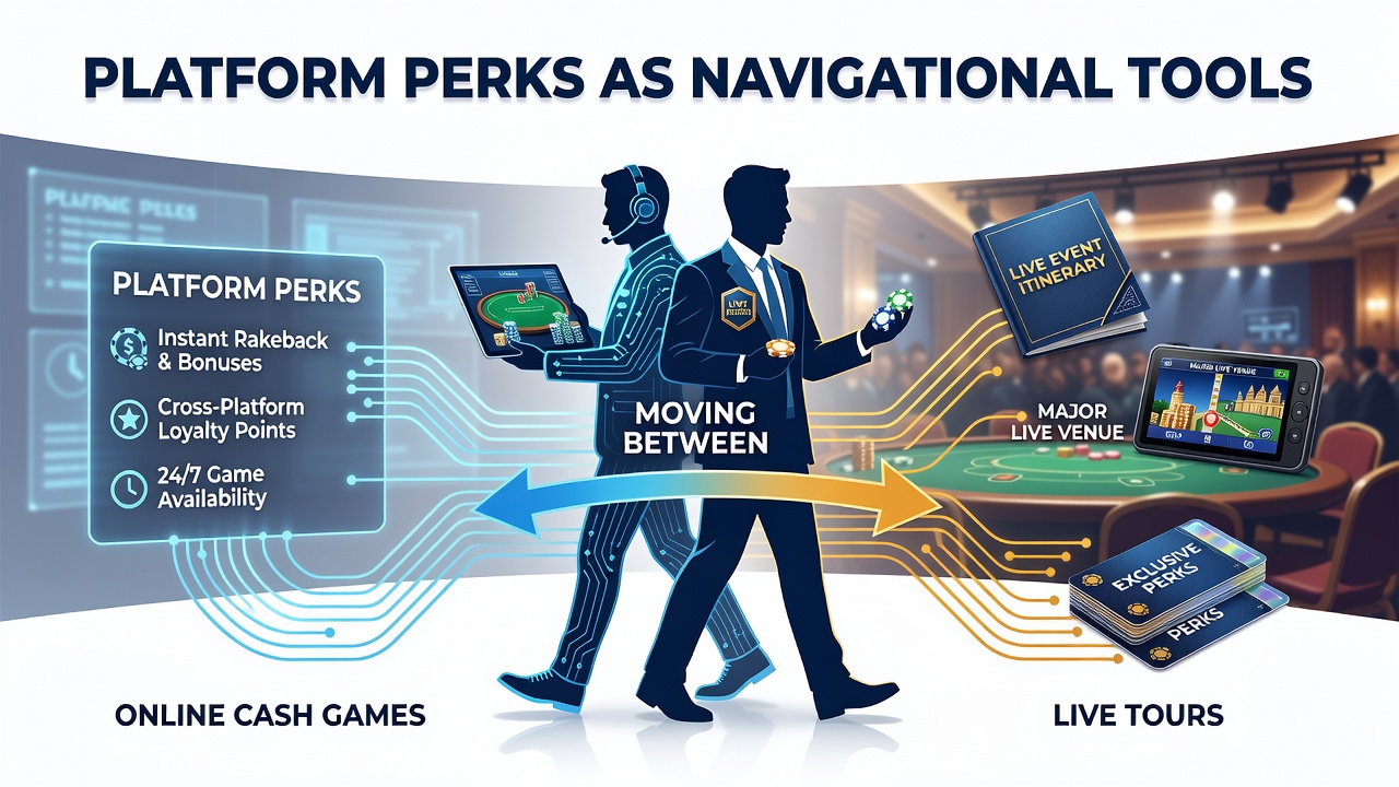 Loyalty points and VIP rewards displayed on a poker app interface connecting to a live tournament setting