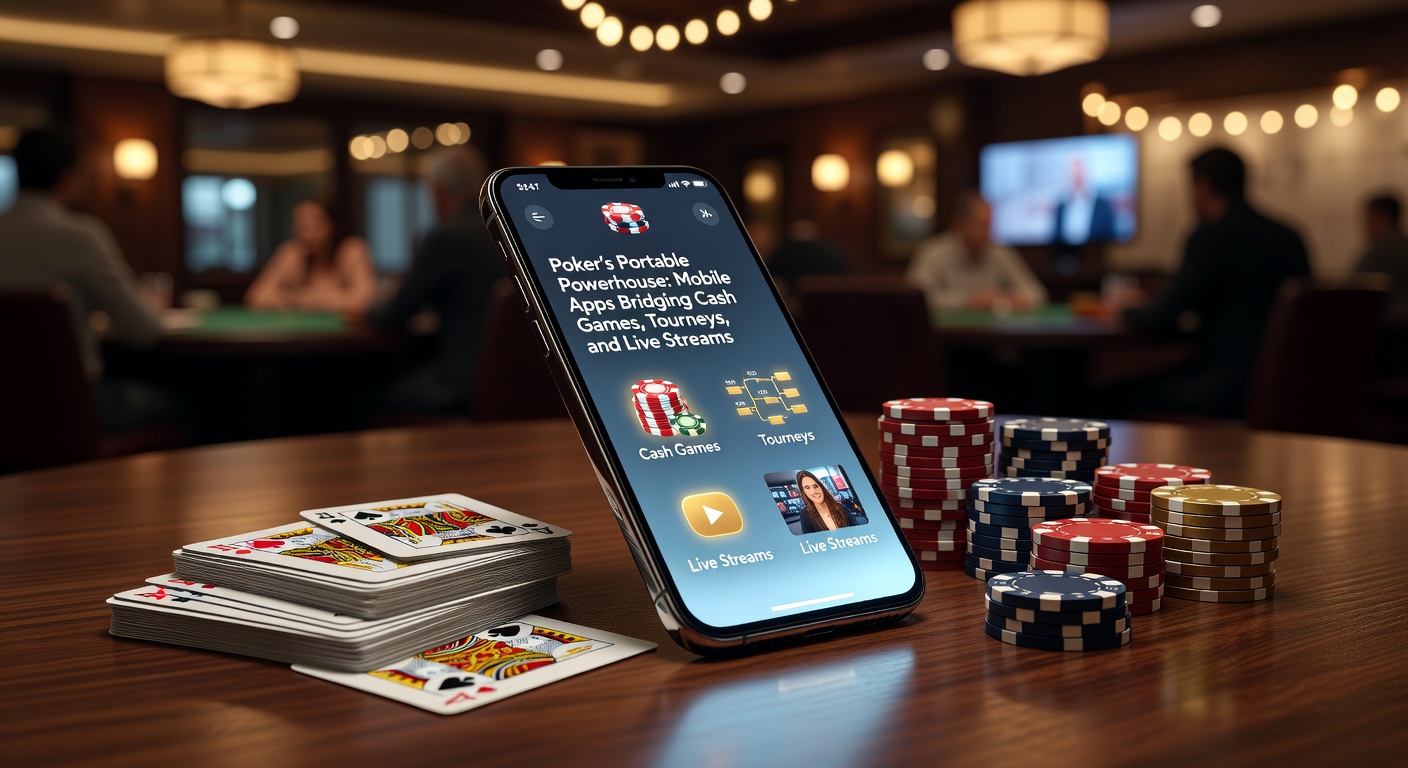Smartphone displaying a vibrant poker app interface with cash game tables, tournament lobbies, and live stream overlays active on screen