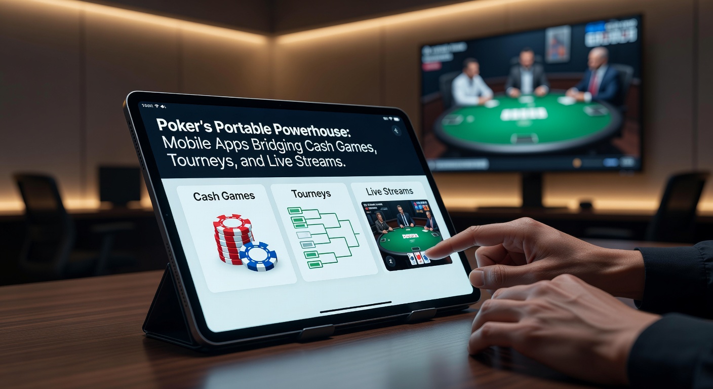 Player holding a phone during a live poker tournament, with app screen showing tournament bracket, chip counts, and live stream chat integrated