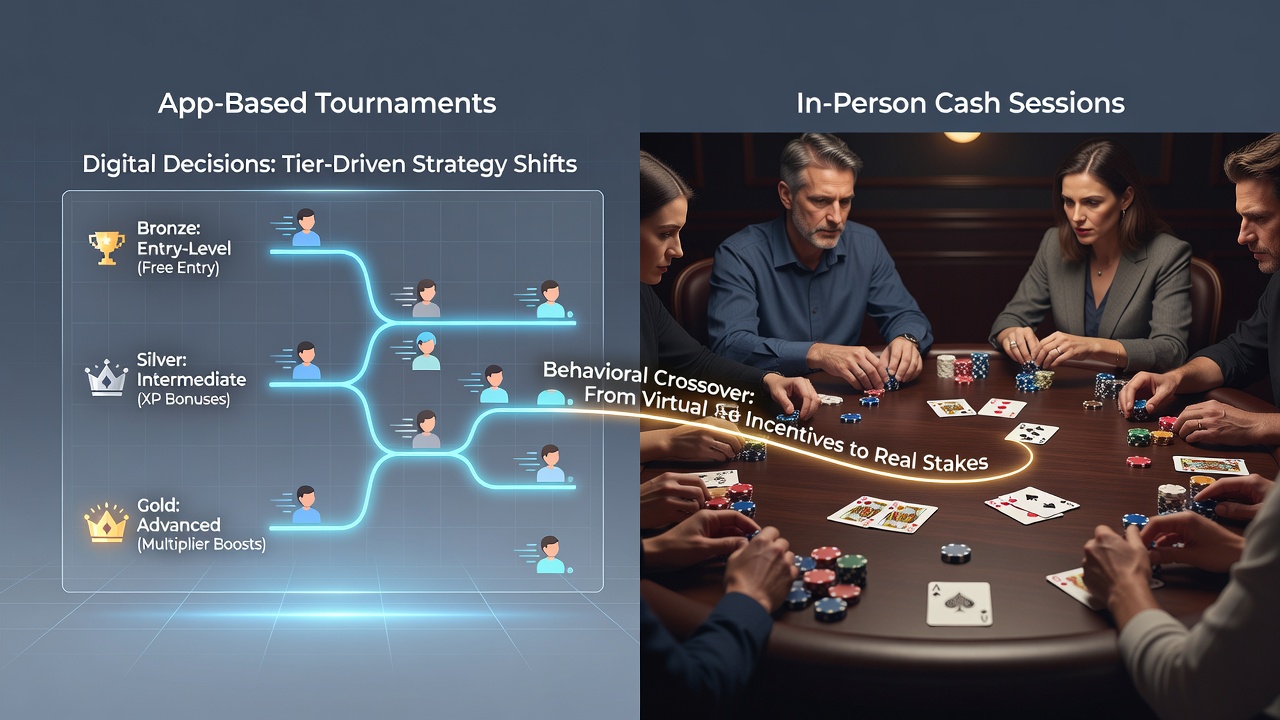 Poker player reviewing reward tier status on mobile app while preparing for live cash session transition