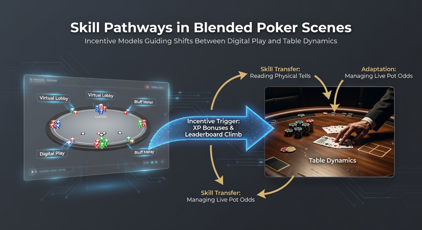 Players transitioning between online poker interfaces and live table environments in blended poker settings