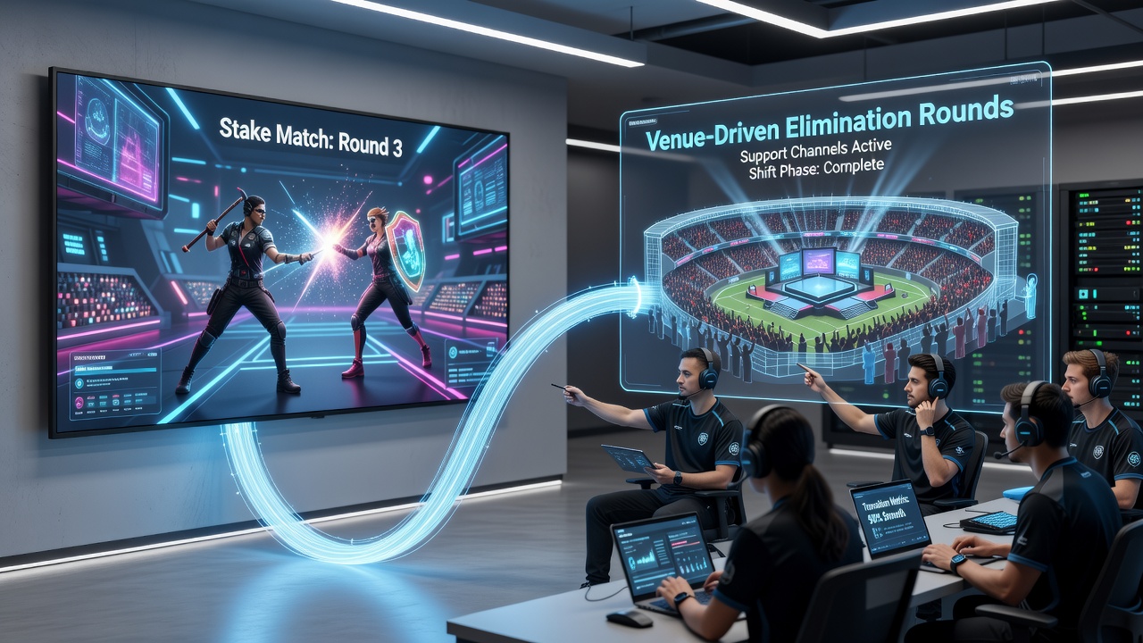 Poker players transitioning between online interfaces and live tournament tables with support staff assistance