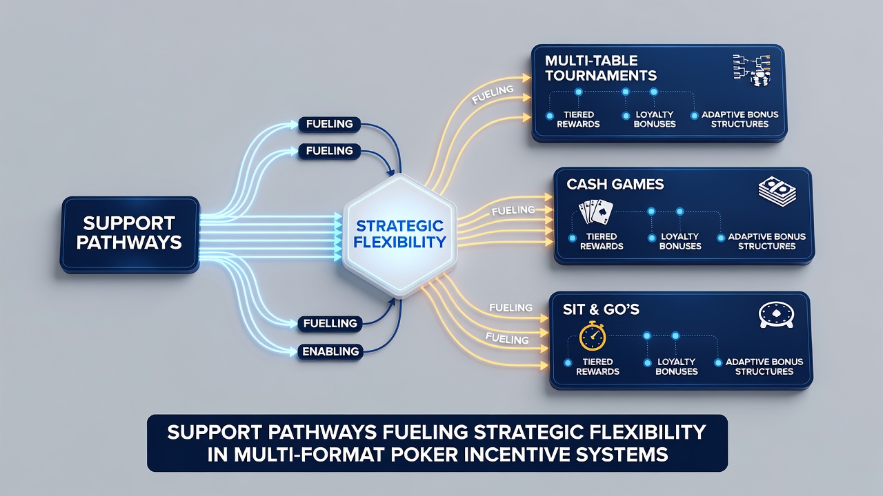 Illustration of poker players using support resources to navigate between online and live tournament incentives