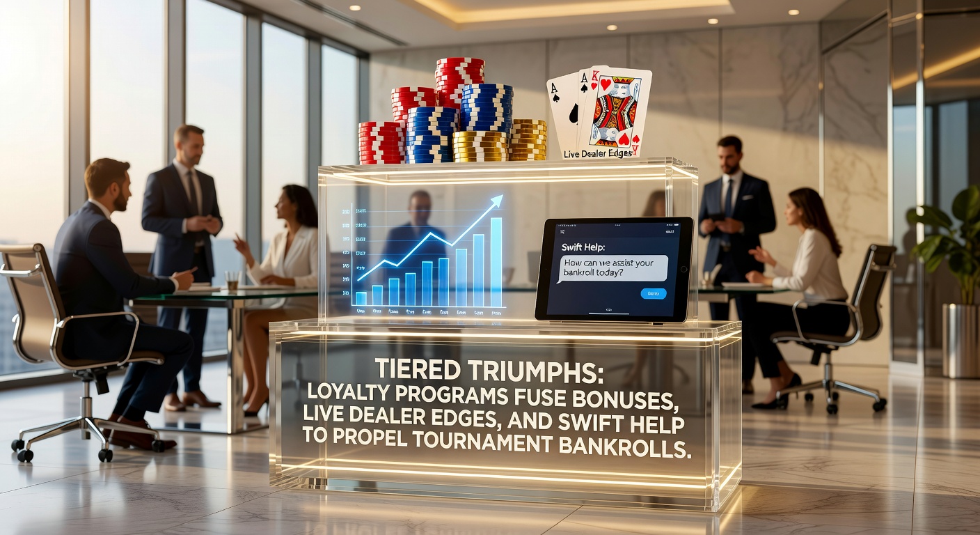 Graphic illustrating tiered loyalty ladders with poker chips climbing levels alongside bonus icons and live dealer tables