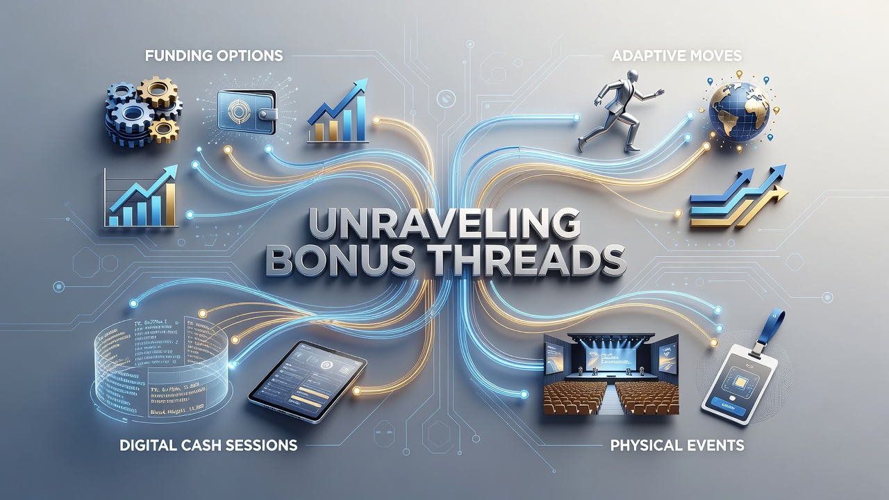 Illustration of interconnected bonus threads linking digital funding options to adaptive poker strategies across online and live events